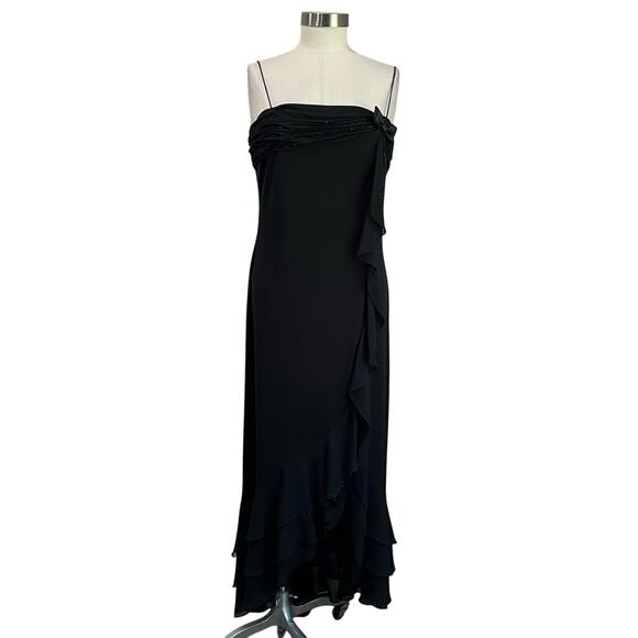 Y2k DressBarn Collection Black Ruffled Bow Sequin Asymmetric Maxi Dress Sz 10 - Picture 1 of 7